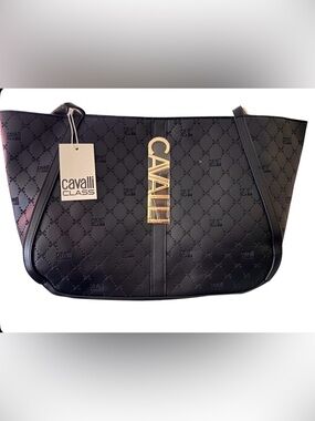 Cavalli Class Black Shoulder Tote with Gold Logo Accent